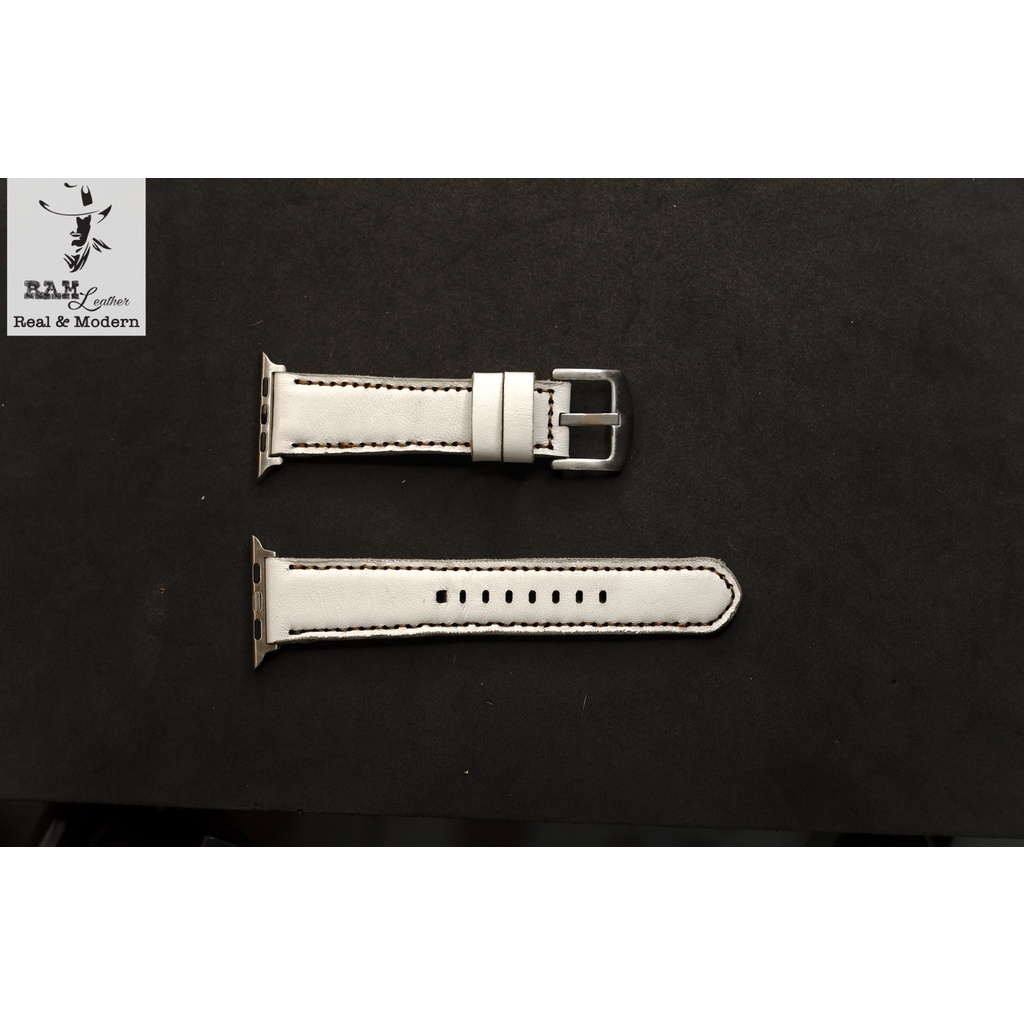 Dây apple watch da dê trắng handmade bền chắc cực đẹp RAM Leather classic 1996 - tặng khóa chốt và adapter