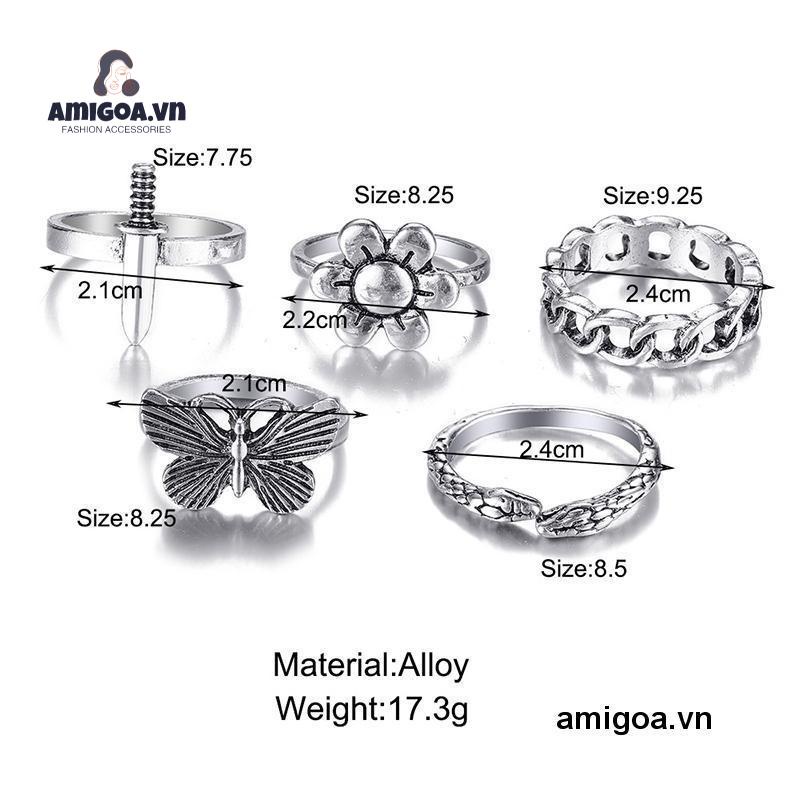 【amigoa.vn】 Set 5 Nhẫn Hình Rắn/Bướm/Cá Sấu Retro Đơn Giản Sáng Tạo Cho Nữ