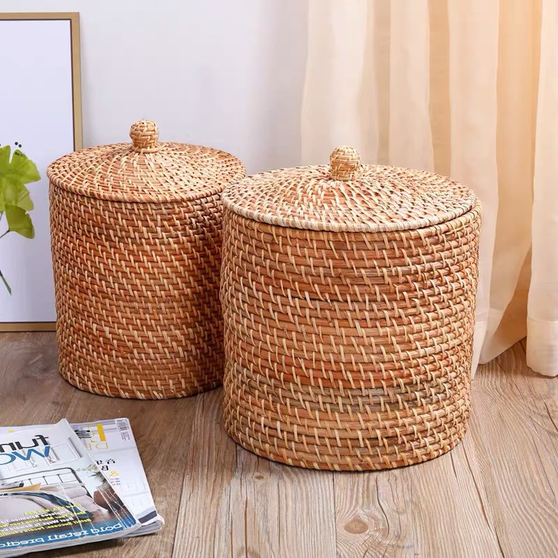 Sọt đựng quần áo mây tre đan BAMBOOO ECO giỏ hình trụ có nắp đựng gạo, cắm hoa trang trí nhà cửa