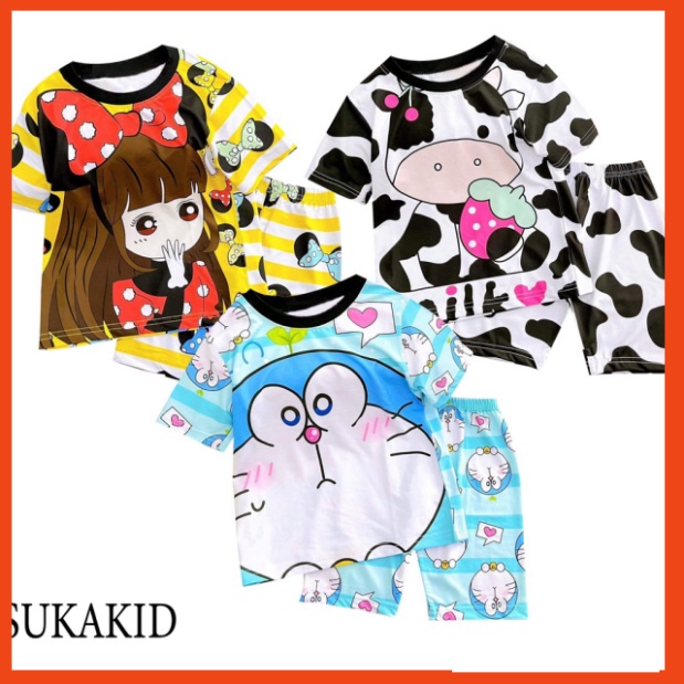 ( Chuyên sỉ lẻ Quần áo trẻ em ) Đồ bộ bé gái siêu đẹp hình in 3D chất liệu thoáng mát mềm mịn co hình bé gái nơ,bò sũa v