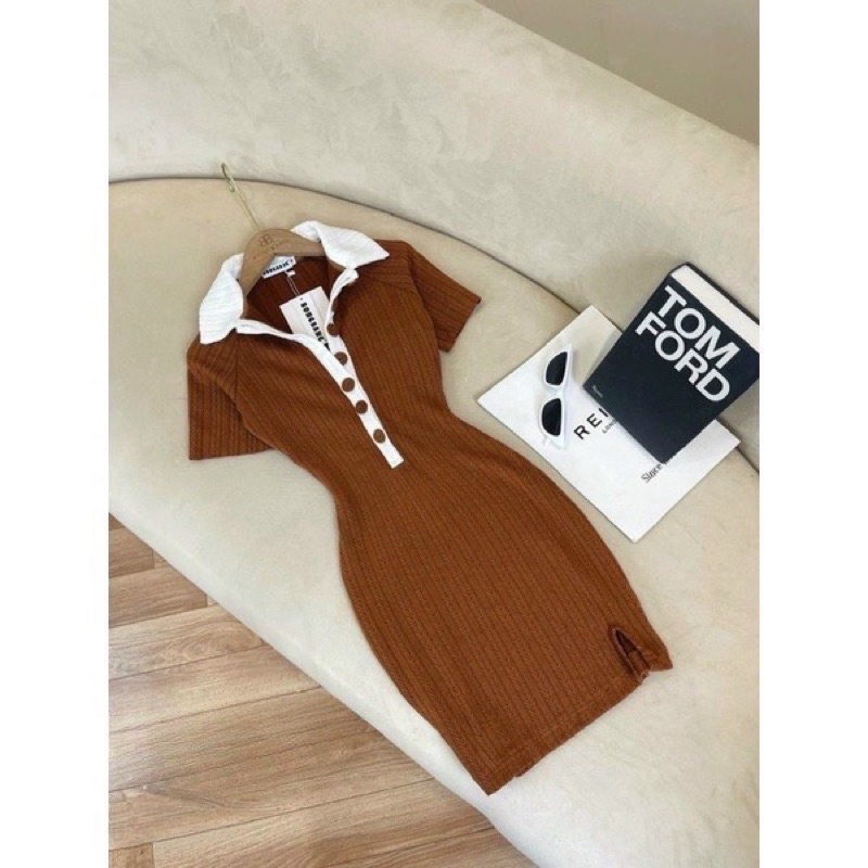 Đầm Body Dáng Ngắn Polo Cổ Bẻ Núc Viền Trắng Cài Khuy Xẻ Đùi alohashop91
