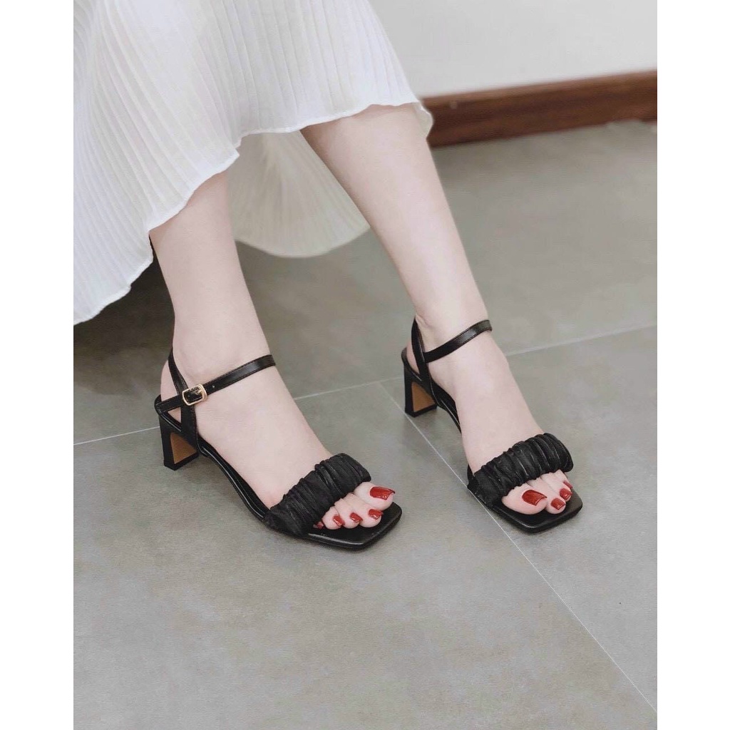 Sandal da mịn quai ngang ren mỏng gót trụ dẹp - 6P