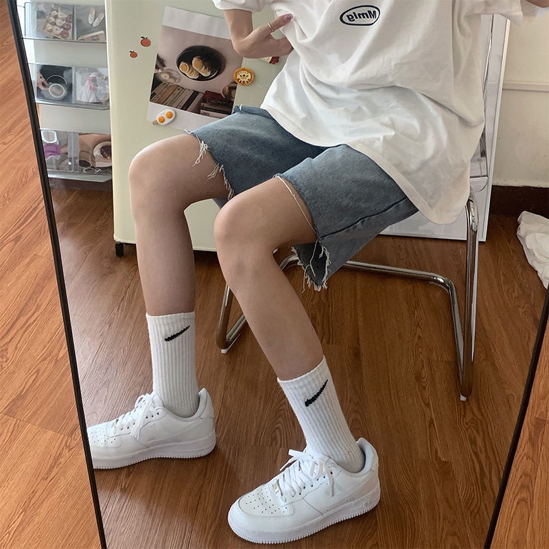 Áo liền quần Denim Ngắn Ống Rộng Lưng Cao Phối Rách Thời Trang Mùa Hè Cho Nữ