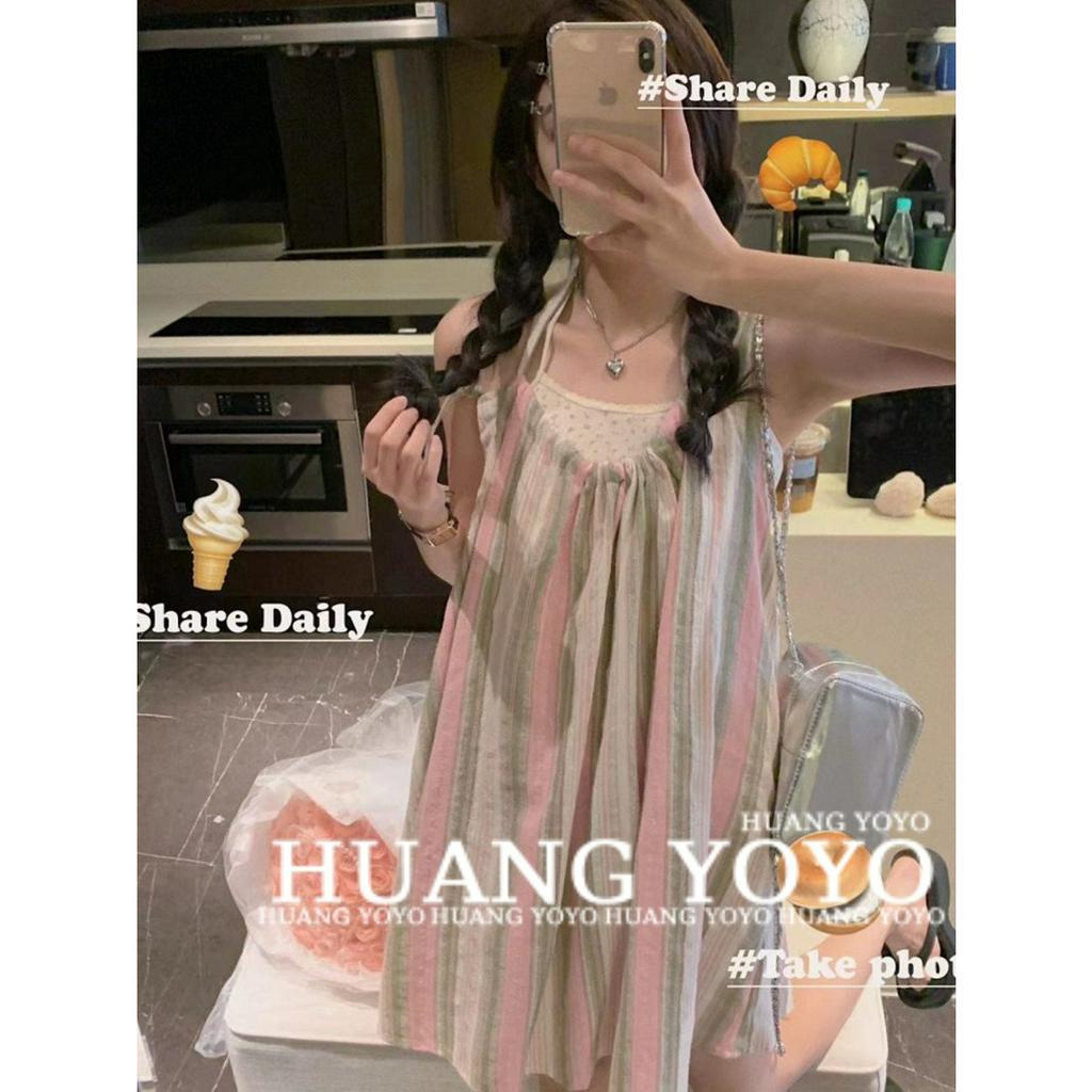 Đầm Hai Dây Hở Lưng Dáng Rộng Họa Tiết Kẻ Sọc Thời Trang Mùa Hè Hàng Mới 2023 Dành Cho Bạn Nữ