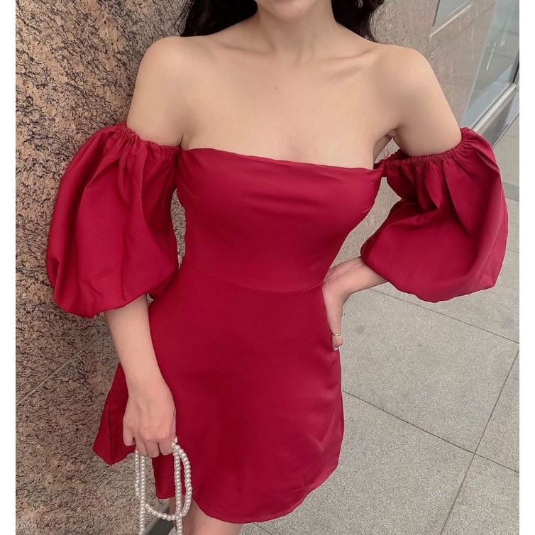 ĐẦM ĐỎ ĐÔ CÚP RỚT VAI TAY PHỒNG | có đệm ngực sẵn | | BigBuy360 - bigbuy360.vn