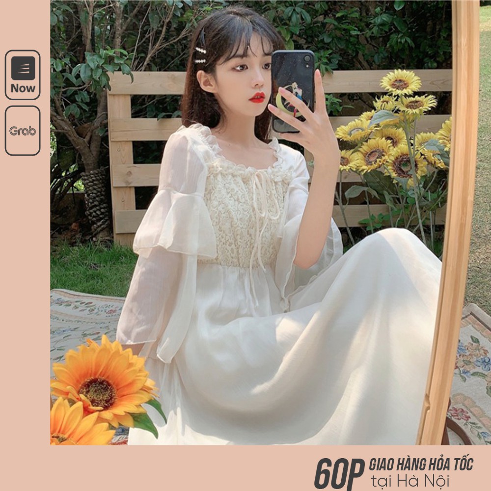 Váy Công Chúa Tay Dài Xòe Dáng Dài / Đầm Voan Tay Bồng Ulzzang Hàn Quốc Bánh Bèo Dễ Thương V00054