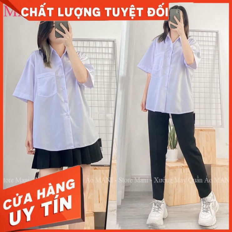 Áo sơ mi nữ form rộng tay ngắn lỡ kiểu dáng basic màu trắng dáng suông style đi học sinh viên có túi ngực - Hàng nhập kh