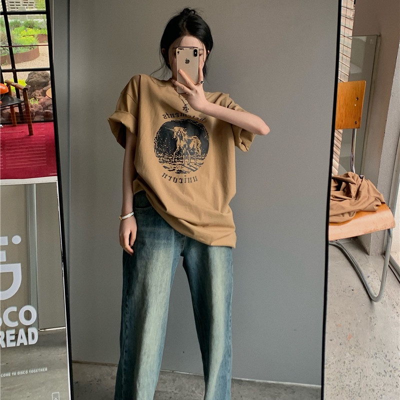 Áo Thun Ngắn Tay Dáng Rộng In Họa Tiết Đơn Giản Cá Tính Cho Nữ Mùa Hè