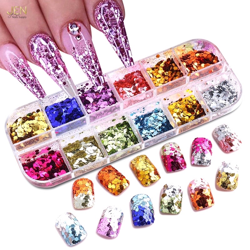 Nhũ kim tuyến lục giác 12 màu-phụ kiện nail móng