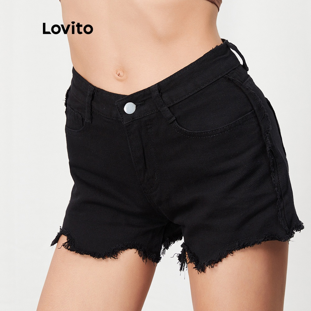  Quần short denim Lovito L07065 lưng cao màu đen | BigBuy360 - bigbuy360.vn