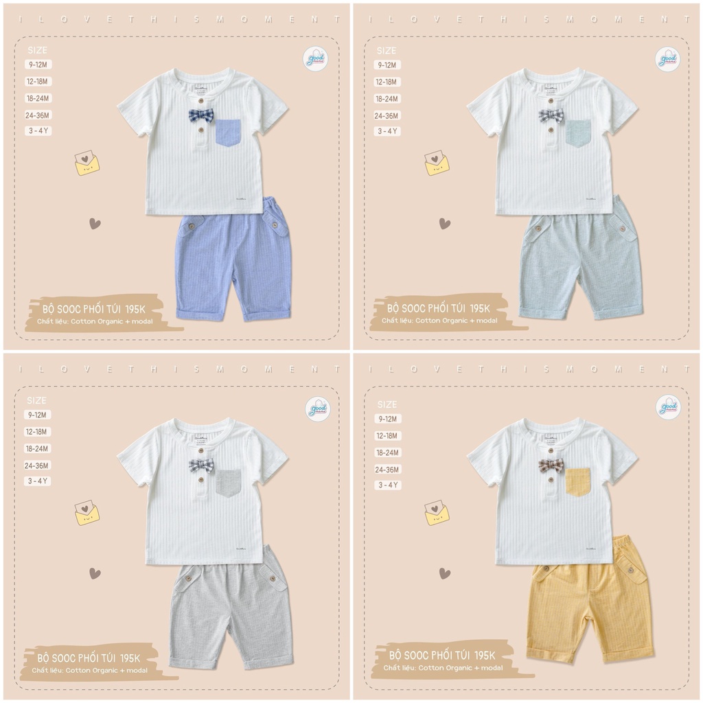 [CHÍNH HÃNG] Bộ cộc tay quần sooc phối túi cổ trụ nơ ngực vải cotton modal cho bé Good Mama