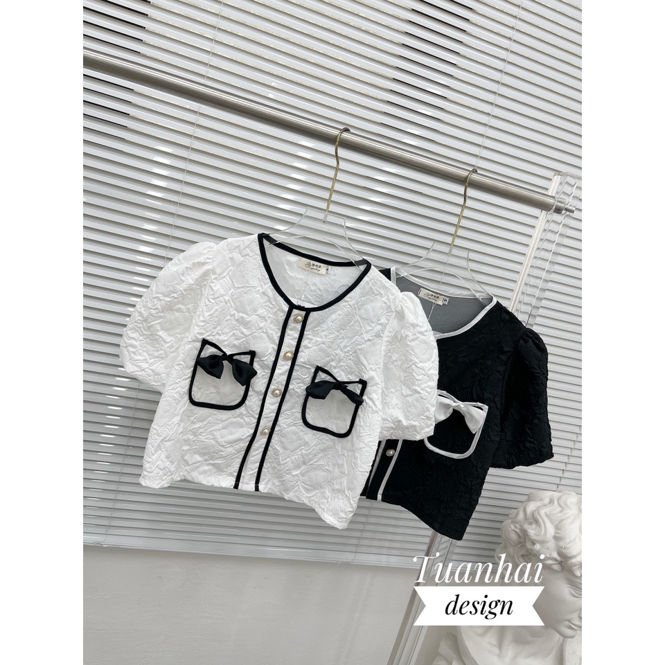 Áo Croptop - Áo Tay Phồng Ngắn Cổ Tròn Nơ Ngực Xinh Sắn Hk_shop9720