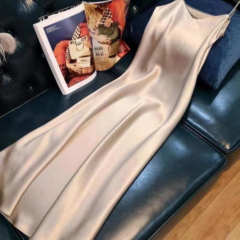 Đầm Hai Dây Giả Lụa Satin Dáng Ôm Dài Vừa Vặn Hàng Châu Cao Cấp