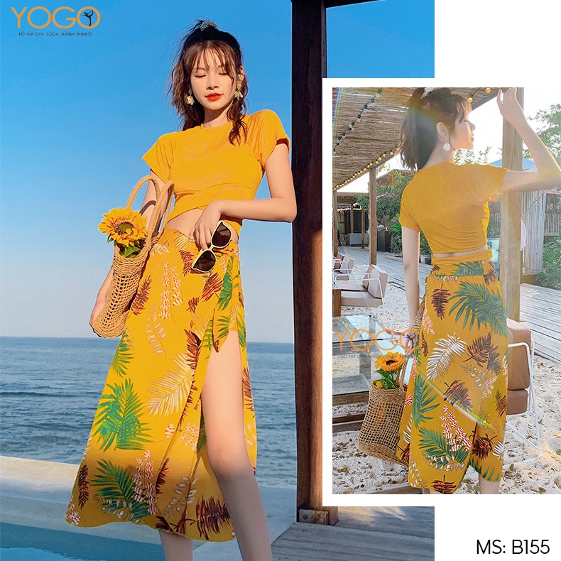 Bikini Đồ Bơi Nữ 2 Mảnh Áo Cộc Tay Croptop Có Đệm Ngực Quần Kèm Chân Váy Voan Họa Tiết Lá Dứa Trẻ Trung Mùa Hè YOGO B155