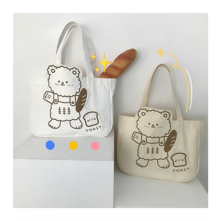 Túi đeo vai chất vải canvas đi làm đi học in hình gấu - GẤU BÁNH MÌ