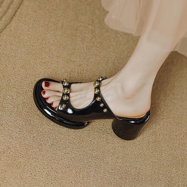 🎀 Dép Sandal Đế Dày Bằng Da Thật Quai Ngang Hở Ngón Đính Đinh Tán Thời Trang Mùa Hè Cho Nữ