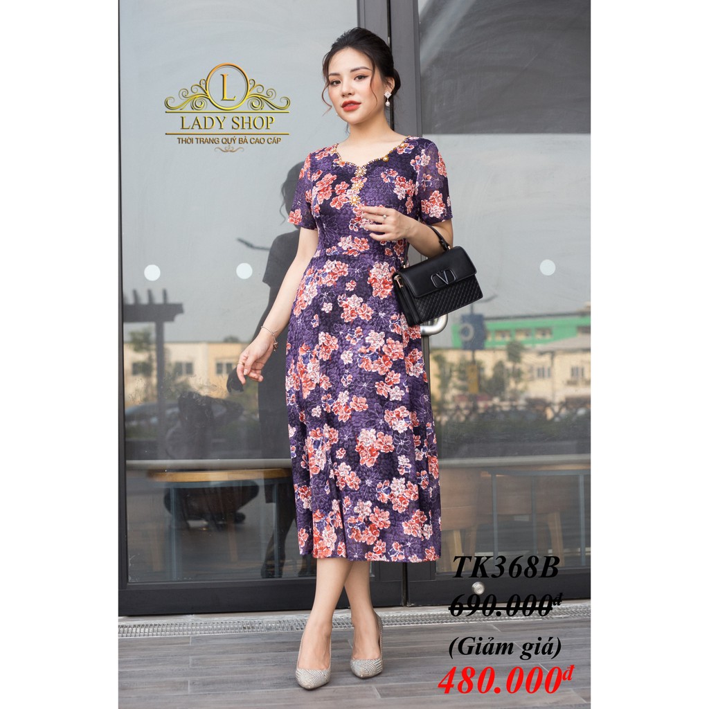 Thời trang trung niên -  Đầm quý bà cao cấp - Ladyshop - Đầm maxi ren nhũ cổ đính đá TK368