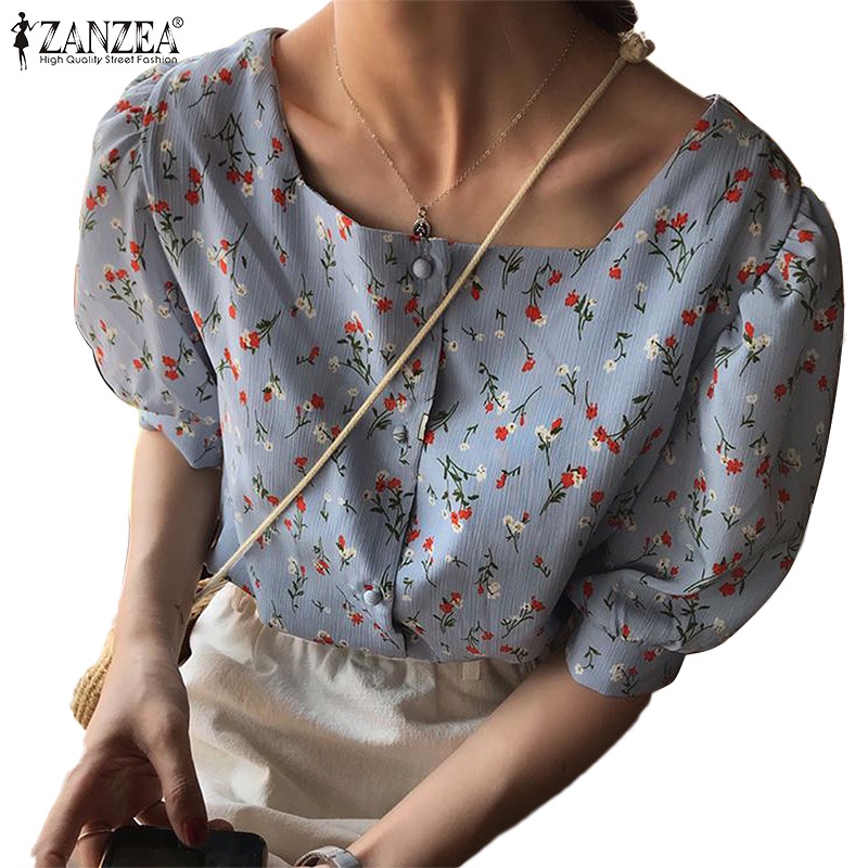 Áo ZANZEA tay phồng cổ vuông dáng rộng thời trang Hàn Quốc cho phái nữ