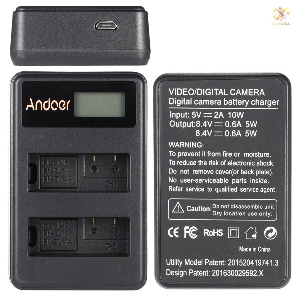 ET Andoer EN-EL14 EN-EL14A Rechargeable Li-ion Battery Charger Pack LED Display 2-Slot USB Cable Kit for  D3100 D3200 D3300 D5100 D5200 D5300 D5500 DF Coolpix P7000 P7100 P7700 P7800 DSLR Camera