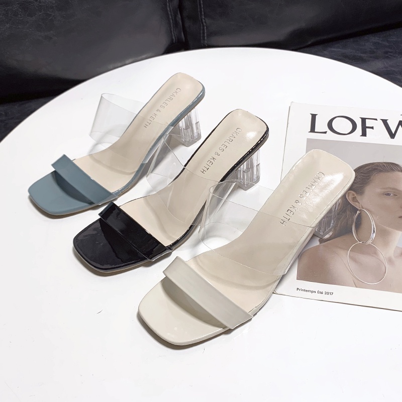 Dép Cao Gót Hở Ngón Mũi Vuông Quai Trong Suốt Phong Cách Hàn Quốc Thời Trang Cho Nữ