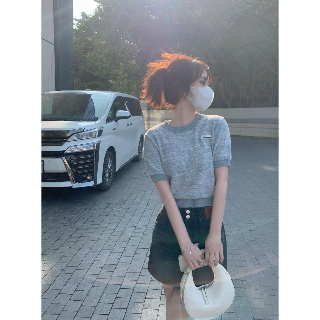 ZHELIHANGFEI Áo Sweater Cổ Tròn Tay Ngắn Dáng Ôm Vừa Vặn Màu Trơn Cho Nữ