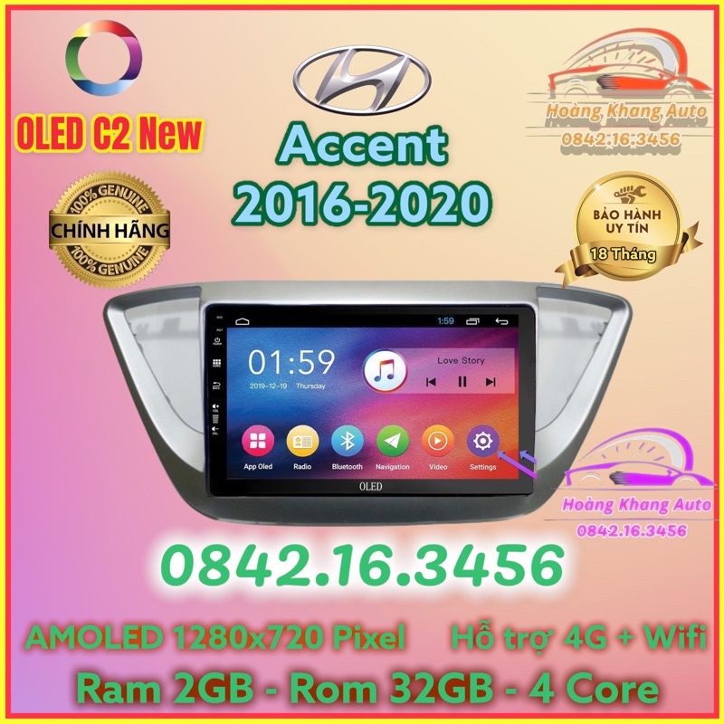 Màn hình Android OLED C2 New theo xe Accent 2016 - 2020, 9 inch kèm dưỡng và jack zin