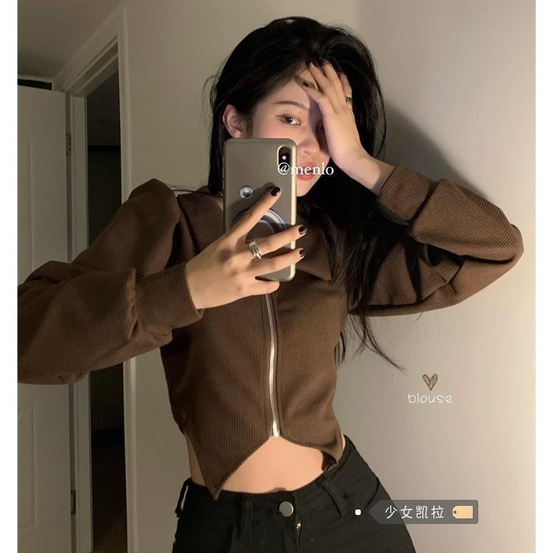 Áo Sơ Mi Tay Phồng Cổ Bẻ Dáng Ngắn Thời Trang Mùa Đông Cho Nữ