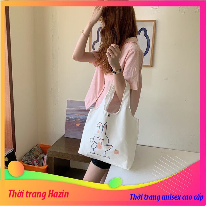 Túi tote vải canvas liền thân họa tiết dễ thương hình con thỏ có ngăn phụ cúc bấm siêu hot