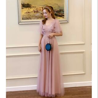(free chỉnh sửa váy) đầm maxi dạ hội hồng ruốc tay tiên cổ V váy xòe, đầm dự tiệc chụp ảnh envent sang trọng tiểu thư