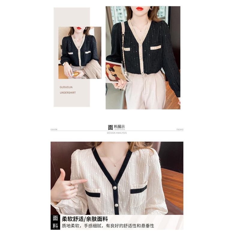 Áo sơ mi cổ chữ V phối ren thời trang thu đông hàng mới 2021