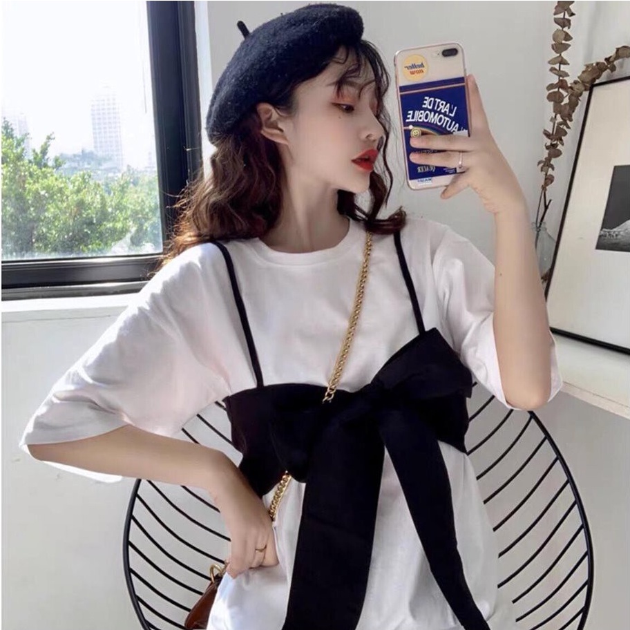 Set Áo thun tay lỡ + Áo 2 dây buộc nơ mặc 2 kiểu