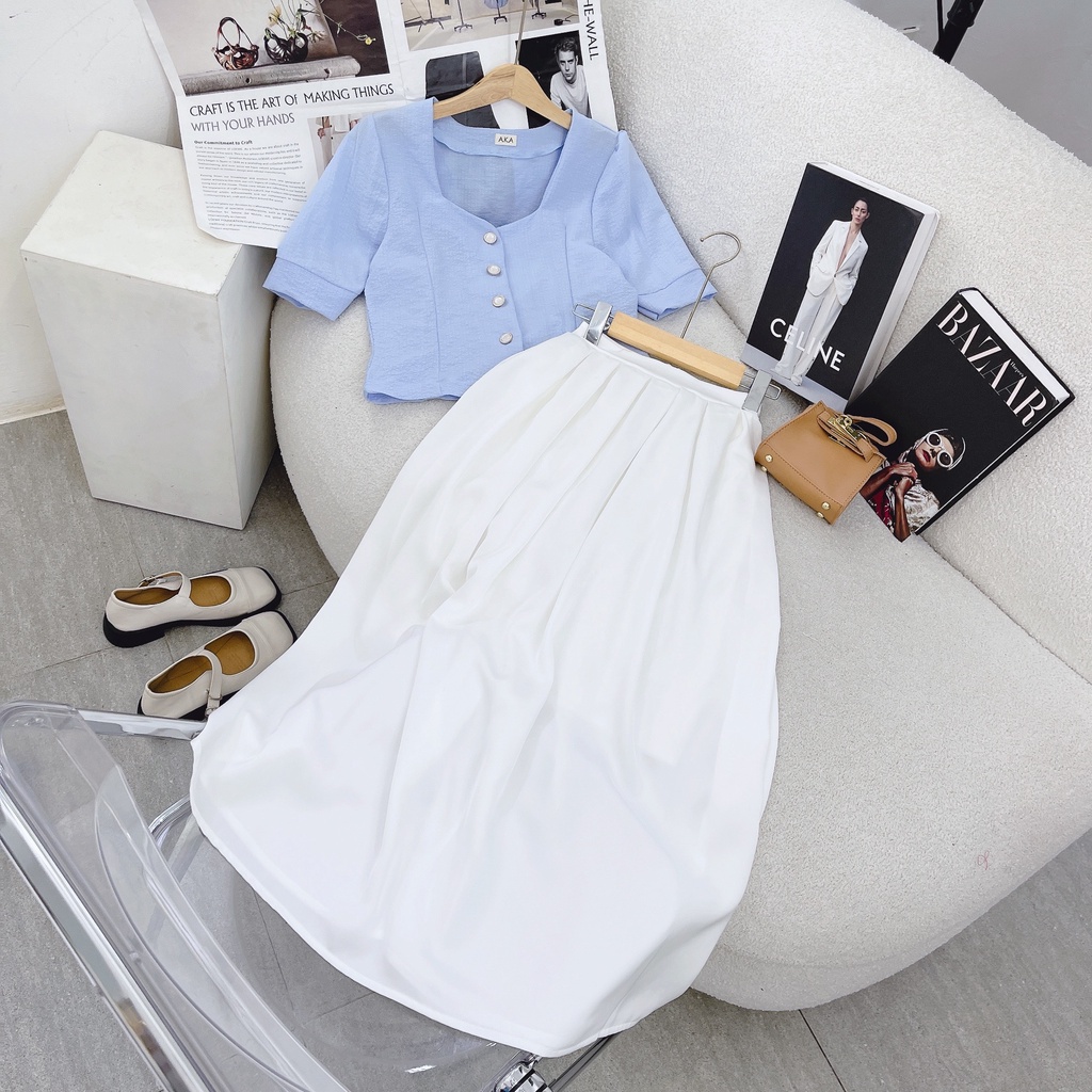 SET ÁO XANH CROPTOP CỔ VUÔNG PHỒNG + CHÂN VÁY MIDI TRẮNG