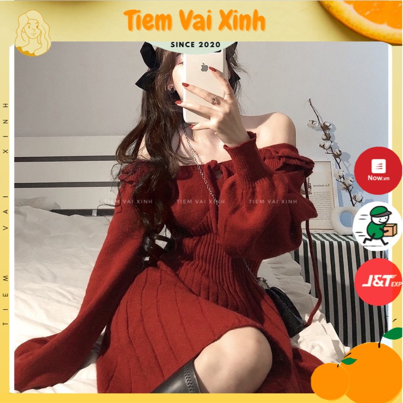 Váy Đầm Len Trễ Vai 🍊[Tiệm Vải Xinh]🍊 Váy Len Ulzzang Phong Cách Hàn Quốc - Hàng Quảng Châu