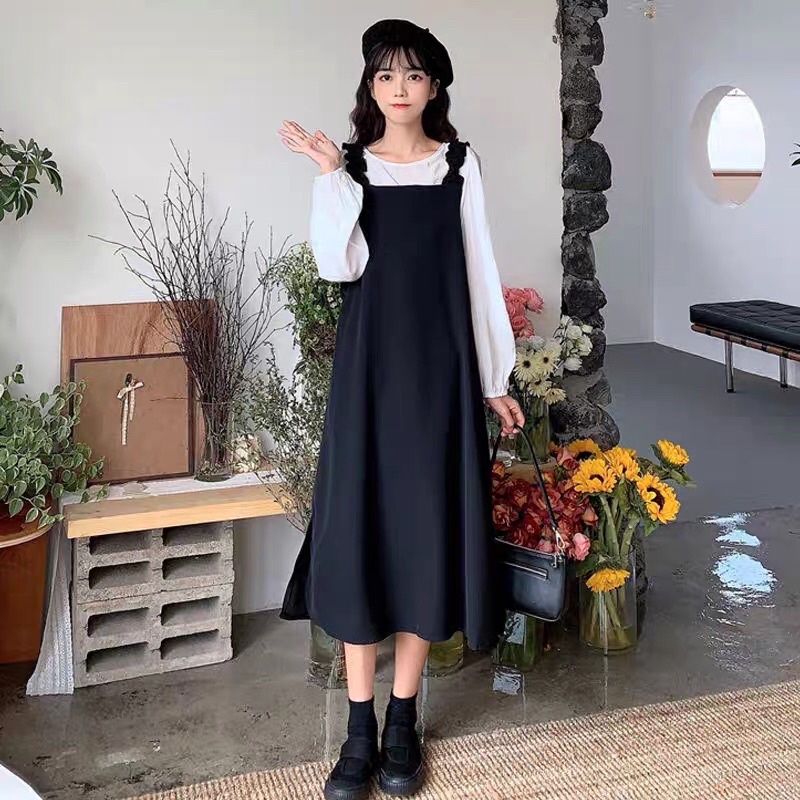 Váy Nữ, Váy Yếm Chất Nỉ Nhung Phối Áo Sơ Mi Rời Siêu Xinh Loại Đẹp