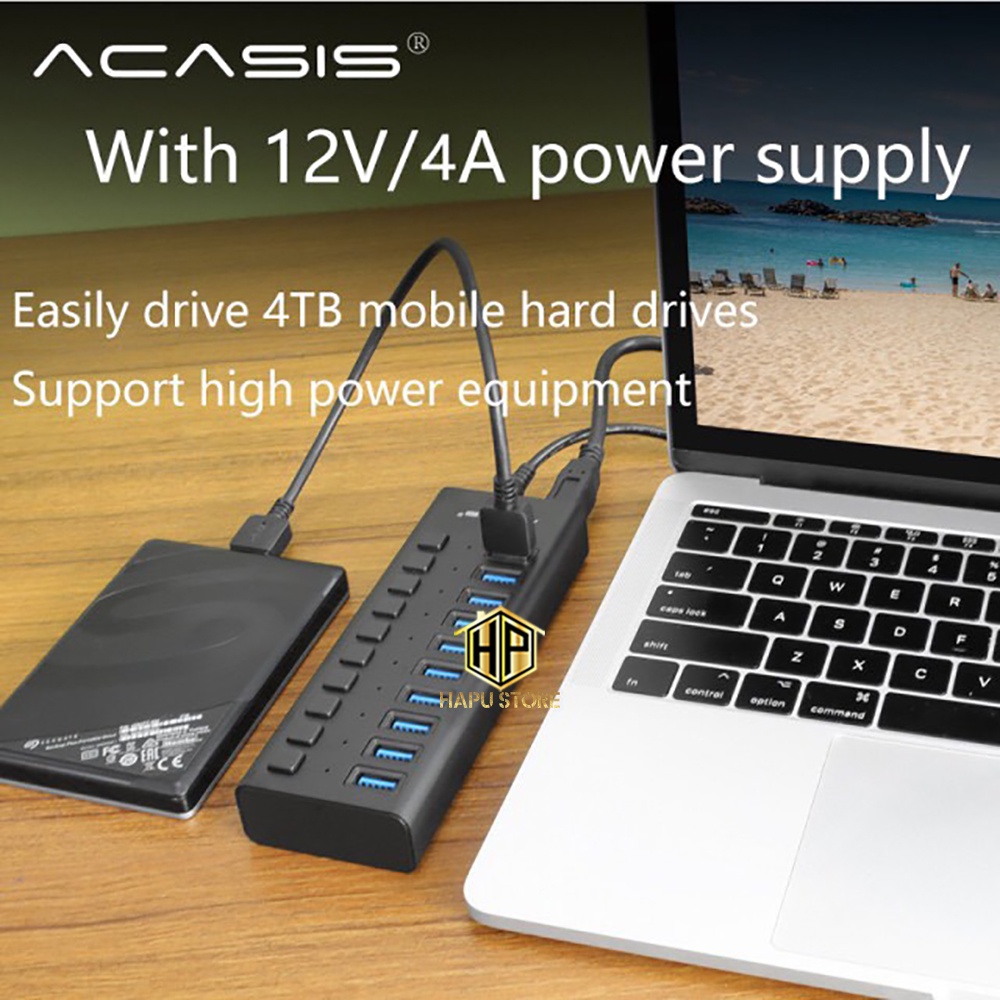 Bộ Chia USB 3.0 10 Cổng ACASIS HS710 Nguồn Rời 12V 4A - HUB USB 10 Port chính hãng - Hapustore