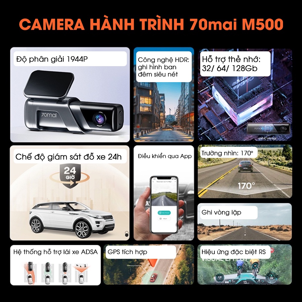 Camera hành trình 70mai M500 / Độ phâ giải 1944P / Định vị GPS và ADAS / Chế độ đỗ xe 24h / Bộ nhớ tích hợp eMMC