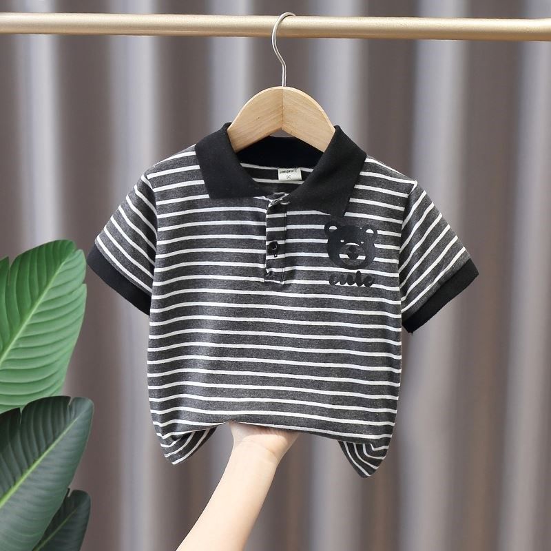 Áo Thun Polo Tay Ngắn Cổ Bẻ Chất Liệu Cotton Nguyên Chất Mỏng Họa Tiết Kẻ Sọc Cho Bé Trai