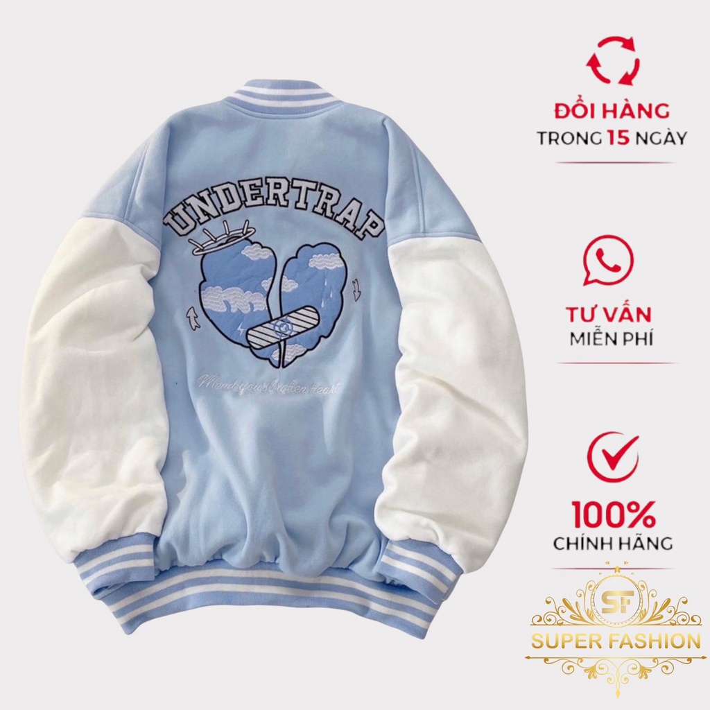 Áo Khoác Bomber Nỉ Nam Phối Hai Màu Trắng Xanh Hình Thiên Thần Chữ U Phong Cách Thời Trang Trend SUPER FASHION
