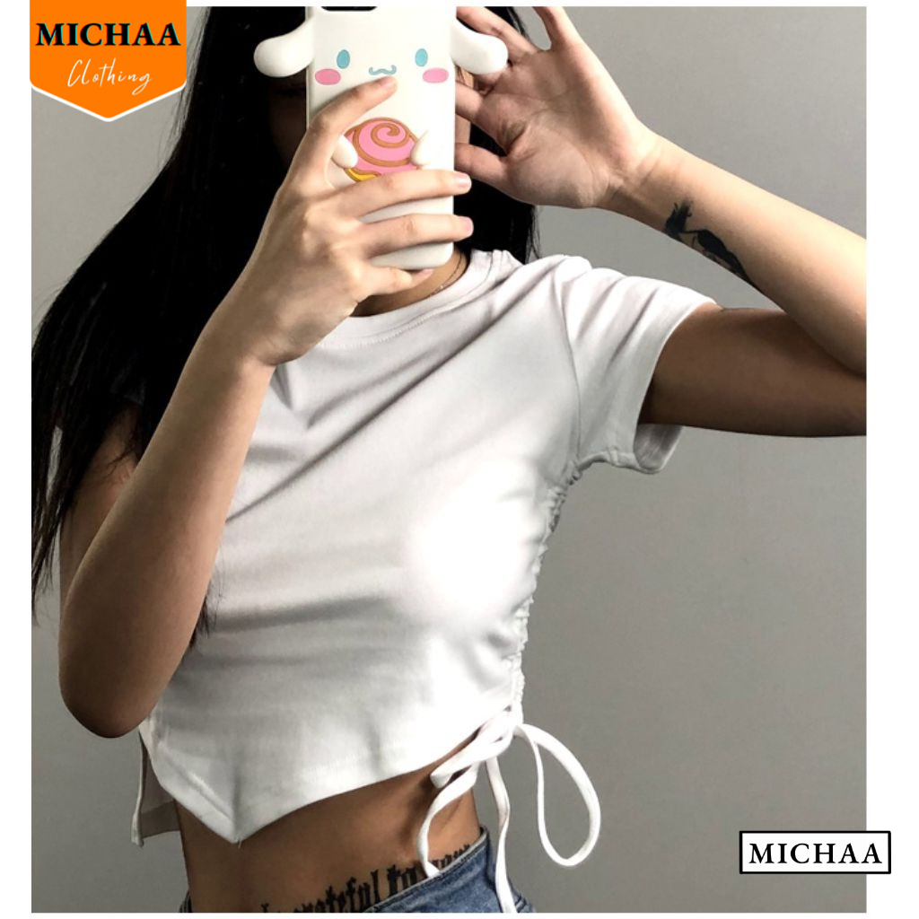 Áo Croptop CỔ TRÒN VẠT NHỌN Phối Dây Rút Nữ Phong Cách Cá Tính, Áo Thun Basic Tay Ngắn Chất Thun Borip MICHAA CR52