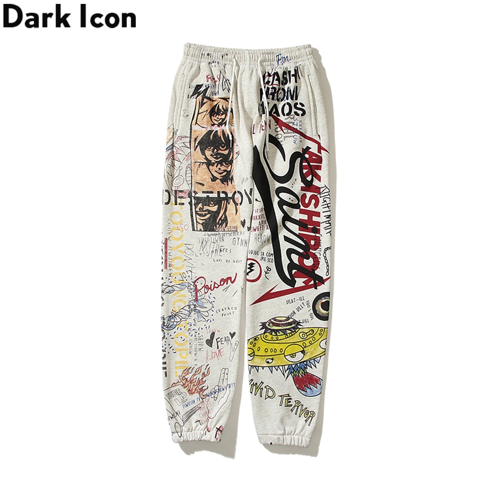Quần Ống Rộng Họa Tiết Hoạt Hình Graffiti Vẽ Tay Phong Cách Retro Cá Tính