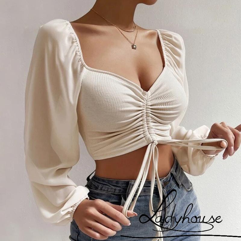 Áo Croptop Dệt Kim Tay Phồng Dài Màu Trơn Cổ Chữ V Phối Dây Rút Thời Trang Cho Nữ