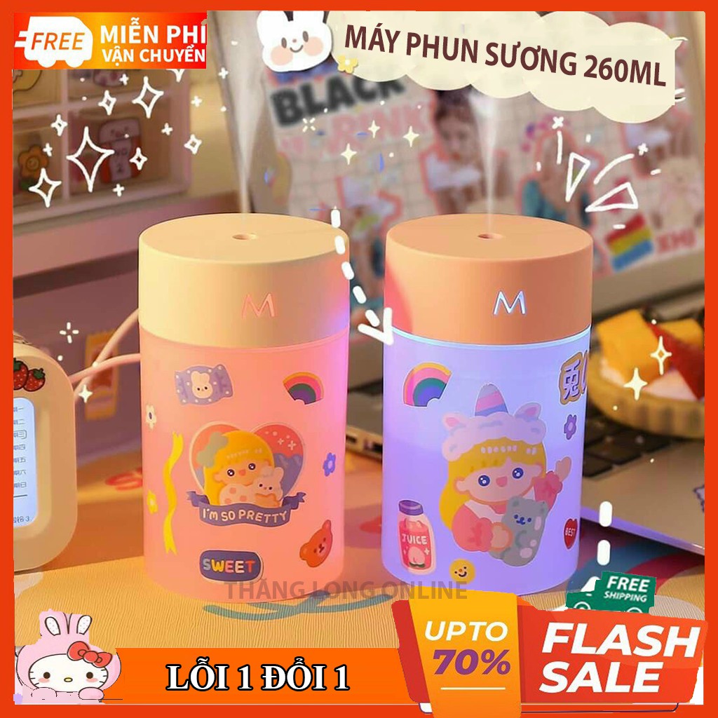 Máy phun sương mini tạo ẩm không khí có đèn Led nhiều màu sắc 260ml, Xông khuyếch tán tinh dầu