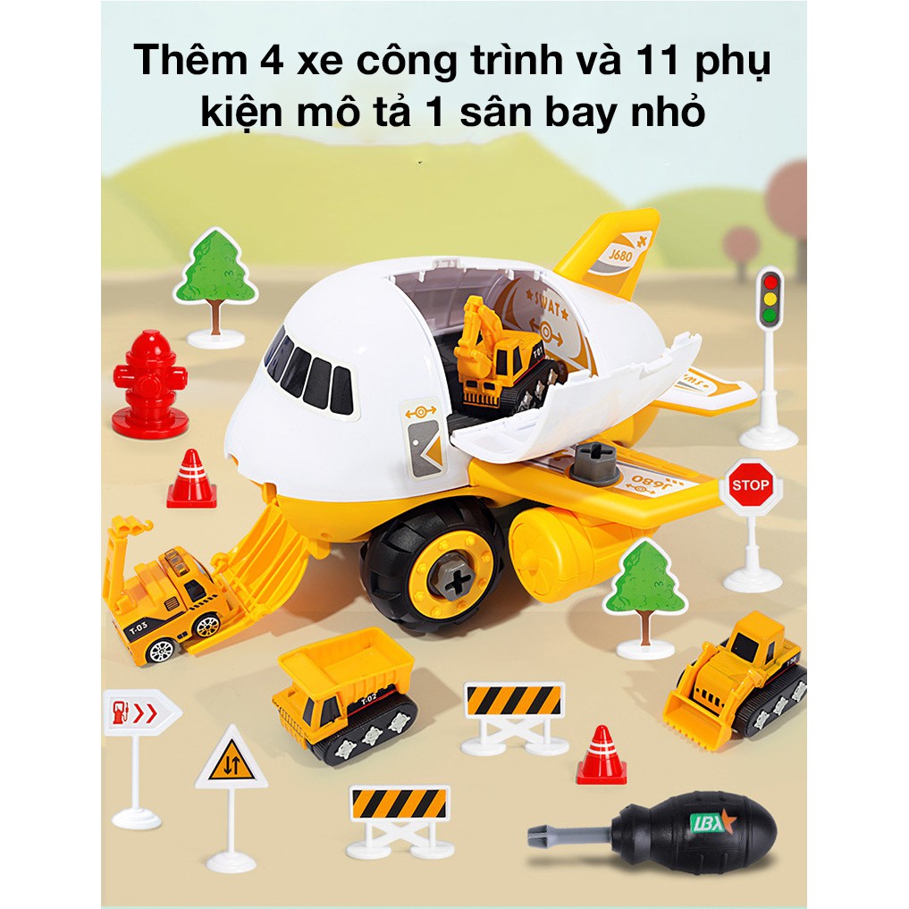 Đồ chơi lắp ráp máy bay chở đồ kèm 4 ô tô kim loại, tua vít, biển báo rèn luyện kĩ năng thực hàng sáng tạo cho bé - KAVY