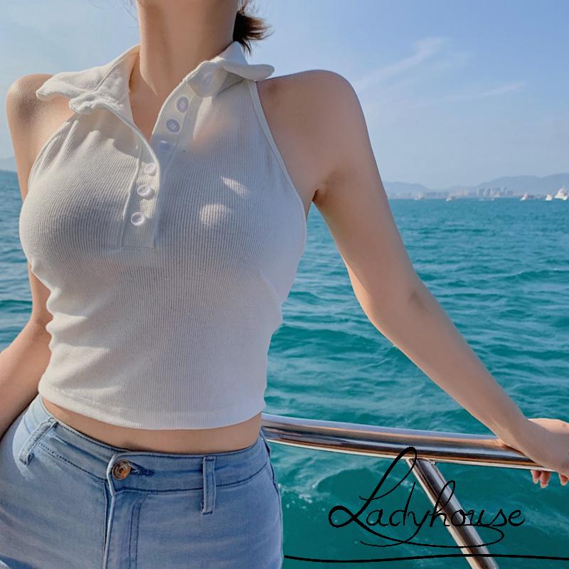 Áo Crop Top Hai Dây Cổ Yếm Cài Nút Màu Trơn Thời Trang Mùa Hè Cho Nữ