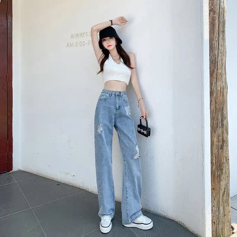 Quần jean nữ ống rộng in chữ ngang hông rách gối siu hot hàng quảng châu cao cấp