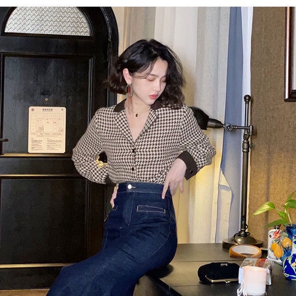 Áo Sơ Mi Chiffon Dài Tay Họa Tiết Houndstooth Phong Cách Retro Hong Kong Cho Nữ