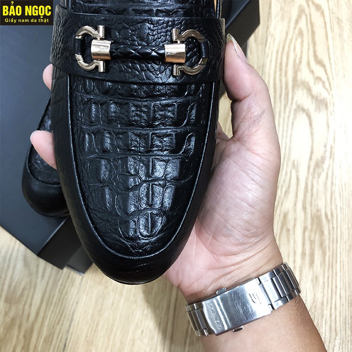 GIÀY LƯỜI IN CÁ SẤU BĂNG XÍCH CỰC CHẤT - GIẦY LƯỜI NAM DA BÒ 100% DẬP VÂN CÁ SẤU, ĐẾ CAO SU- MÃ K15 ĐEN