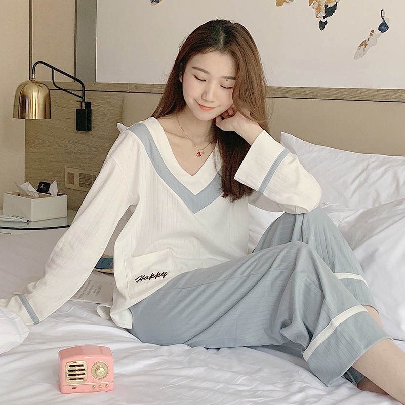 Bộ Mặc Nhà Cotton Dài Tay Cổ Tim Hàng Quảng Châu Chất Đẹp (ODER)