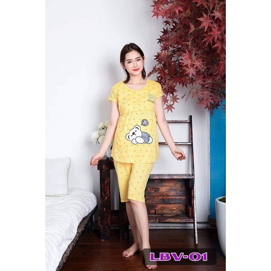 Bộ đồ bầu LỬNG GẤU chất cotton đẹp - bộ bầu kết hợp sau sinh lửng lật ngực cho con bú