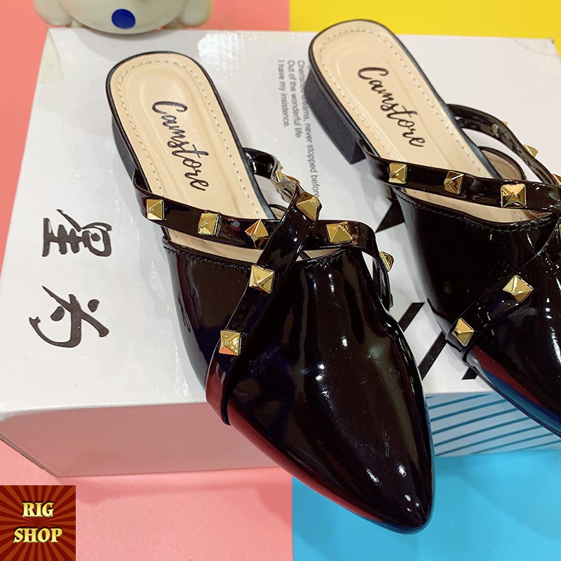 [XẢ KHO] GIÀY SỤC DA TRƠN RIGSHOP MŨI NHỌN 2 QUAI CHÉO GẮN ĐINH - A9